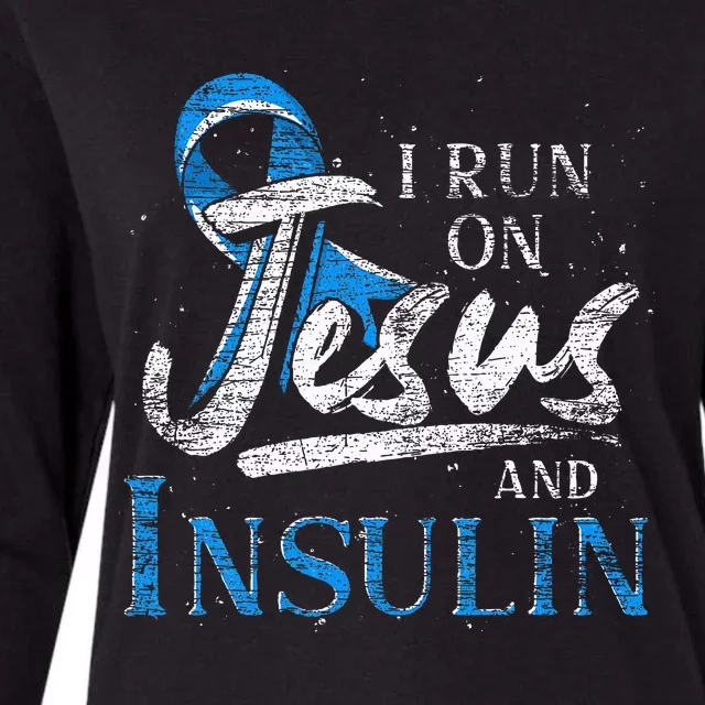 Blue Ribbon I Run On Jesus And Insulin Diabetes Awareness Womens Cotton Relaxed Long Sleeve T-Shirt