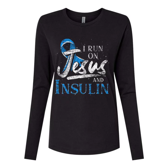 Blue Ribbon I Run On Jesus And Insulin Diabetes Awareness Womens Cotton Relaxed Long Sleeve T-Shirt