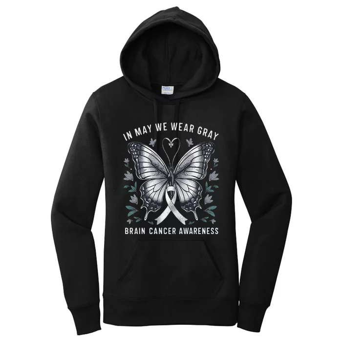 Butterfly Ribbon In May We Wear Gray Brain Cancer Awareness Women's Pullover Hoodie