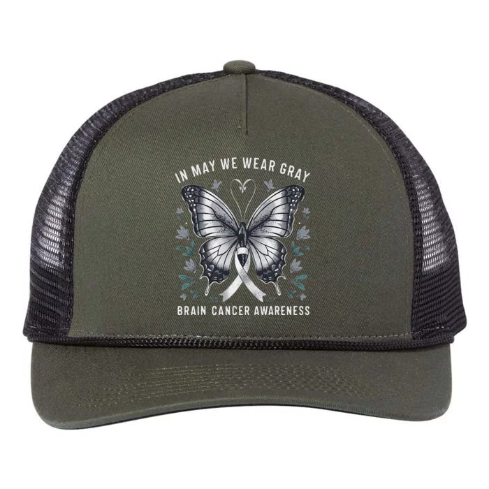 Butterfly Ribbon In May We Wear Gray Brain Cancer Awareness Retro Rope Trucker Hat Cap