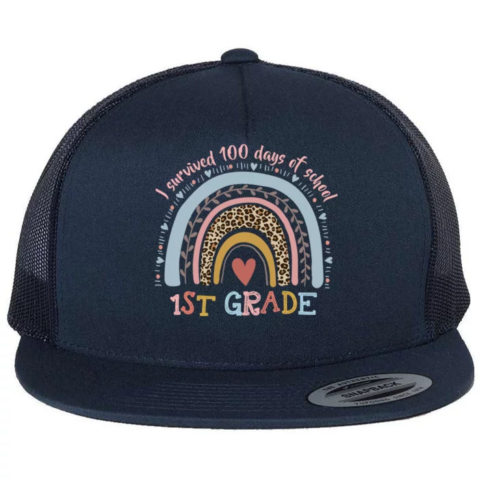 Boho Rainbow I Survived 100 Days Of 1st Grade School Student Funny Gift Flat Bill Trucker Hat