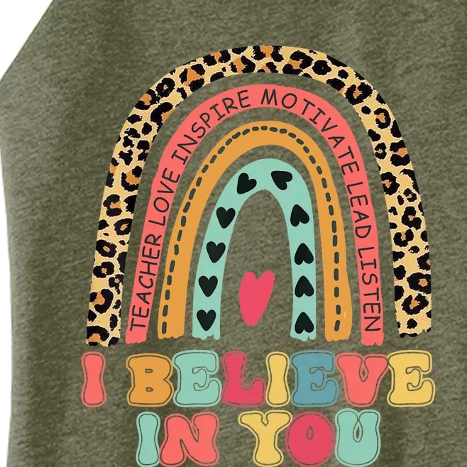 Believe Retro Leopard Rainbow Test Day Teacher Students Women’s Perfect Tri Rocker Tank