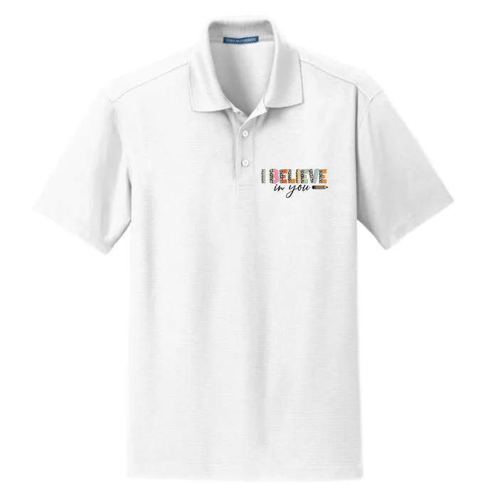 Believe Retro Leopard Test Day Cute Pencil Teacher Students Dry Zone Grid Performance Polo