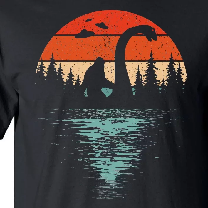 Bigfoot Riding Loch Ness Monster 80s Funny Sasquatch Nessie Tall T-Shirt