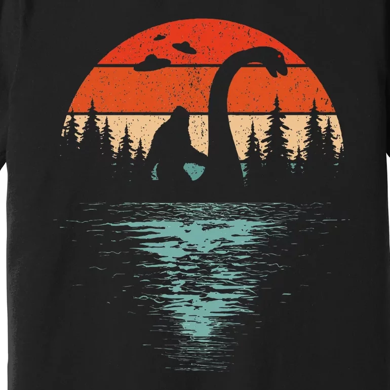 Bigfoot Riding Loch Ness Monster 80s Funny Sasquatch Nessie Premium T-Shirt