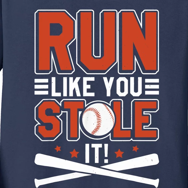 Baseball Run Like You Stole It Funny Baseball Player Kids Long Sleeve Shirt