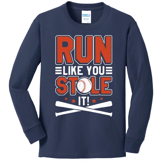 Baseball Run Like You Stole It Funny Baseball Player Kids Long Sleeve Shirt