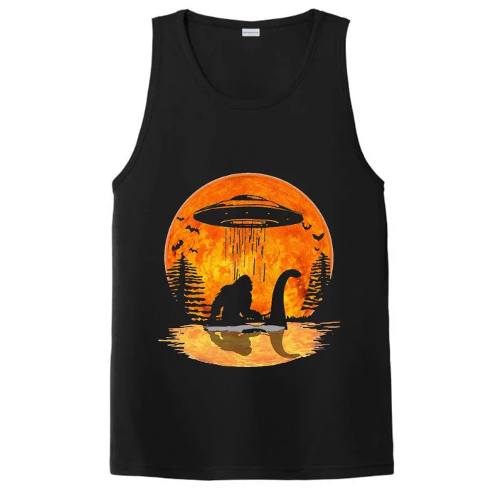 Bigfoot Riding Loch Ness Alien Ship UFO Moon Halloween Performance Tank