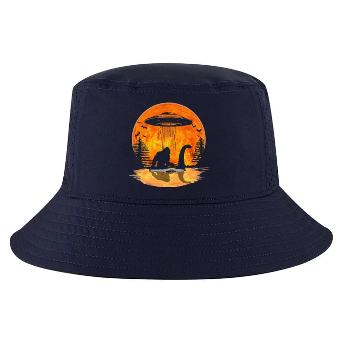 Bigfoot Riding Loch Ness Alien Ship UFO Moon Halloween Cool Comfort Performance Bucket Hat