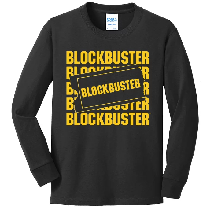 Blockbuster Repeating Logo With Ticket Kids Long Sleeve Shirt