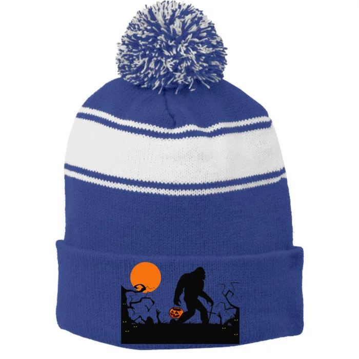 Bigfoot Red Moon Halloween Bigfoot Lover Stripe Pom Pom Beanie