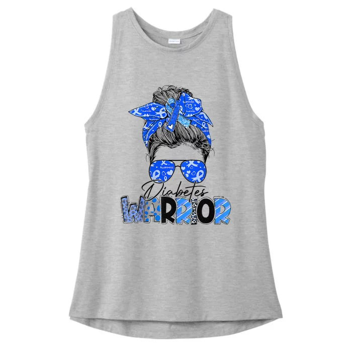 Blue Ribbon Messy Bun Diabetes Awareness Ladies Tri-Blend Wicking Tank