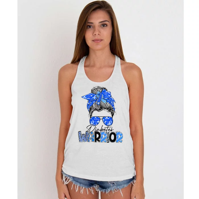 Blue Ribbon Messy Bun Diabetes Awareness Women's Knotted Racerback Tank