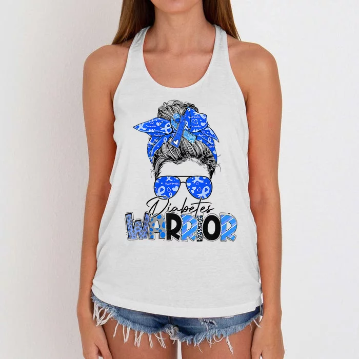 Blue Ribbon Messy Bun Diabetes Awareness Women's Knotted Racerback Tank