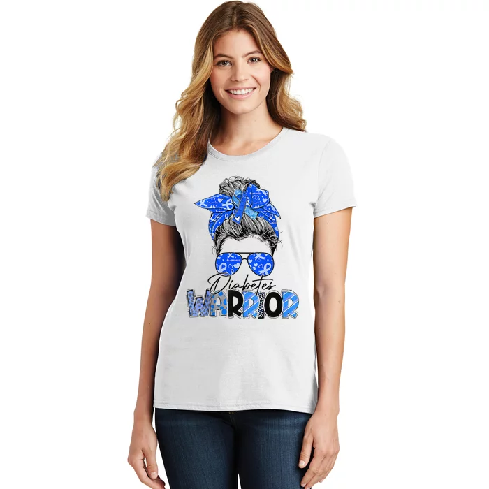 Blue Ribbon Messy Bun Diabetes Awareness Women's T-Shirt