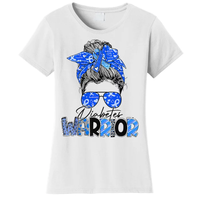 Blue Ribbon Messy Bun Diabetes Awareness Women's T-Shirt