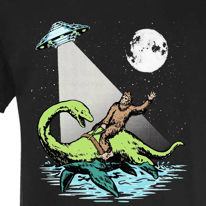 Bigfoot Riding Nessie & UFO Aliens At Night Funny Retro Garment-Dyed Heavyweight T-Shirt