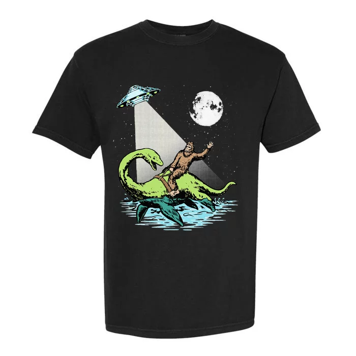 Bigfoot Riding Nessie & UFO Aliens At Night Funny Retro Garment-Dyed Heavyweight T-Shirt