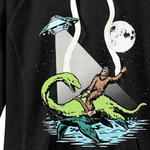 Bigfoot Riding Nessie & UFO Aliens At Night Funny Retro Women's Fleece Hoodie