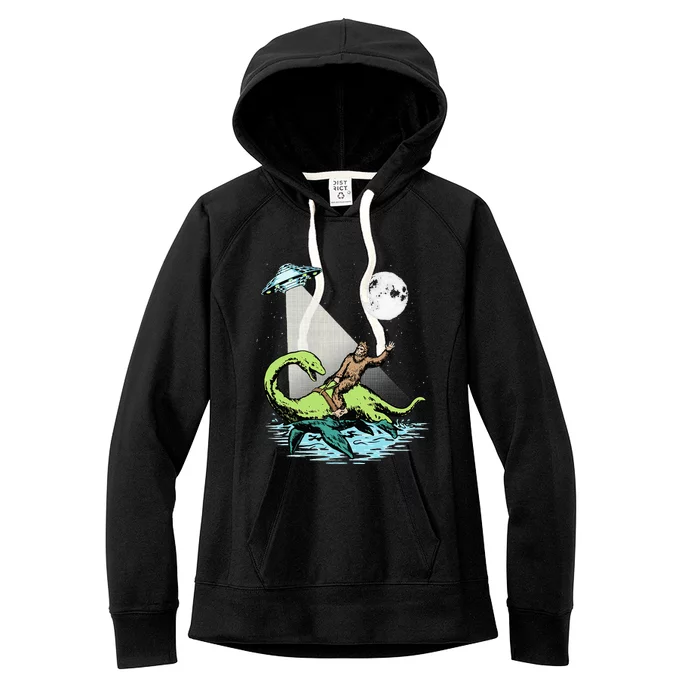 Bigfoot Riding Nessie & UFO Aliens At Night Funny Retro Women's Fleece Hoodie