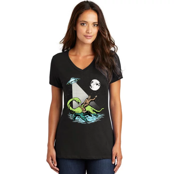 Bigfoot Riding Nessie & UFO Aliens At Night Funny Retro Women's V-Neck T-Shirt