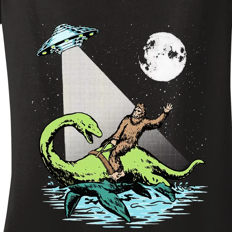 Bigfoot Riding Nessie & UFO Aliens At Night Funny Retro Women's V-Neck T-Shirt