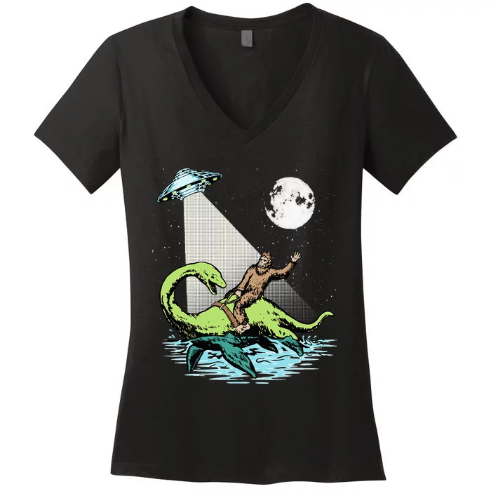 Bigfoot Riding Nessie & UFO Aliens At Night Funny Retro Women's V-Neck T-Shirt