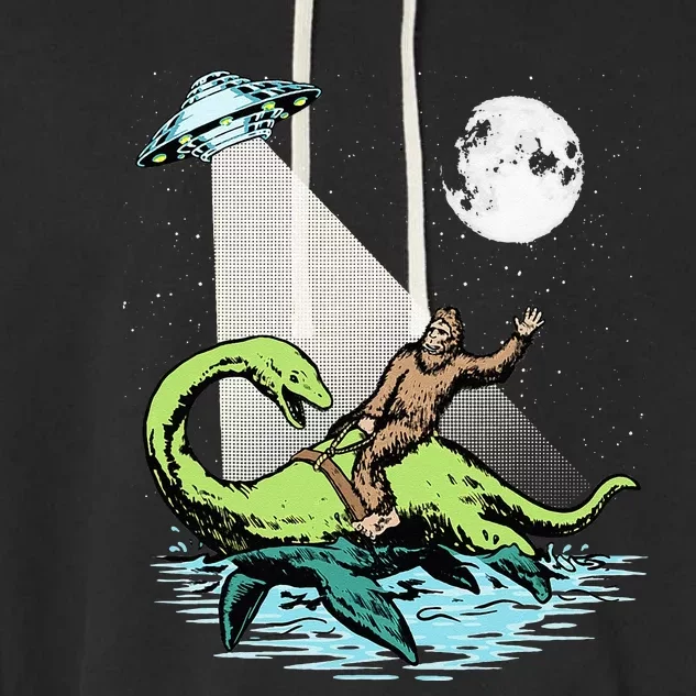 Bigfoot Riding Nessie & UFO Aliens At Night Funny Retro Garment-Dyed Fleece Hoodie