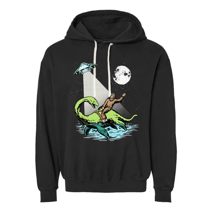 Bigfoot Riding Nessie & UFO Aliens At Night Funny Retro Garment-Dyed Fleece Hoodie