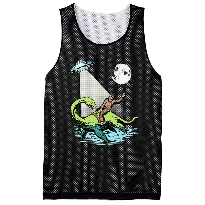 Bigfoot Riding Nessie & UFO Aliens At Night Funny Retro Mesh Reversible Basketball Jersey Tank