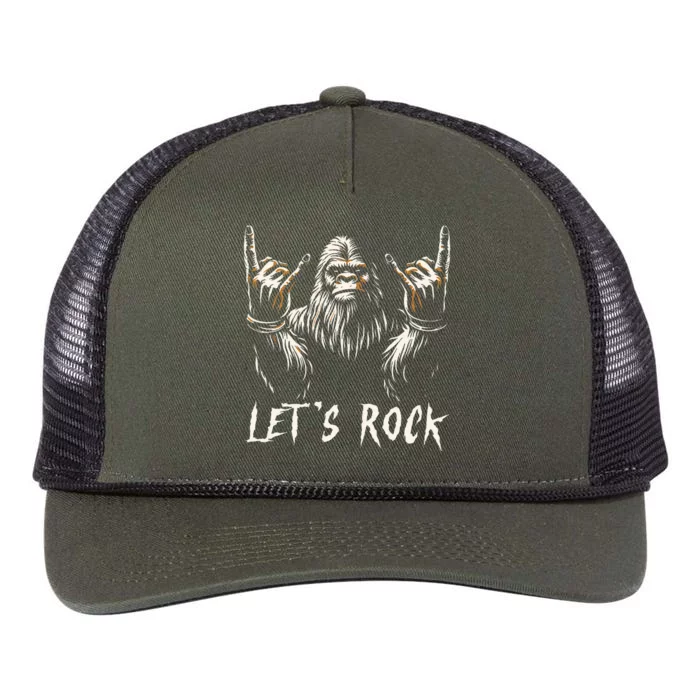 Bigfoot Rock On Funny Sasquatch Rock and Roll Let's Rock Retro Rope Trucker Hat Cap