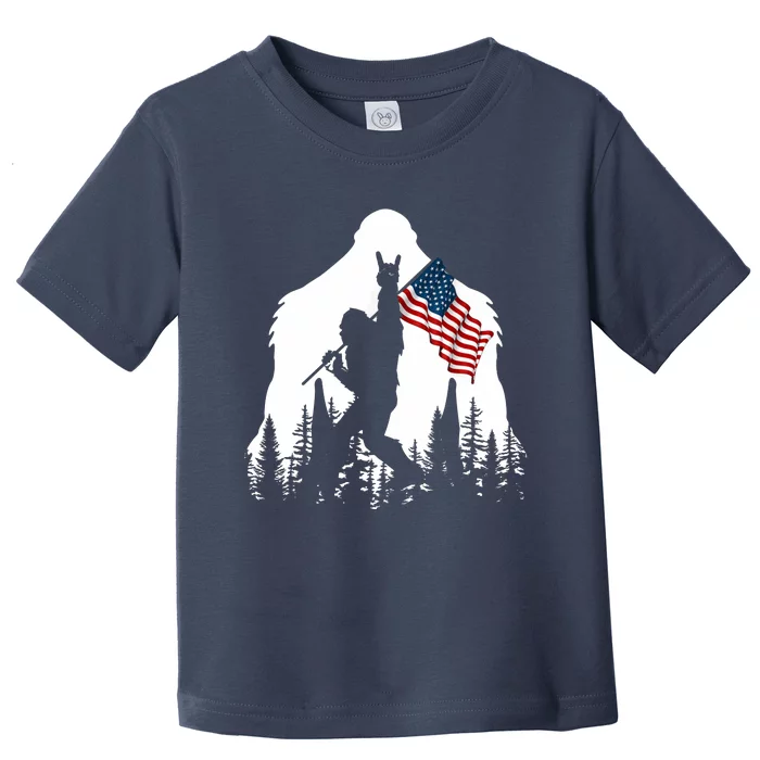 Bigfoot Rock On Hold American Flag Sasquatch Believers Toddler T-Shirt