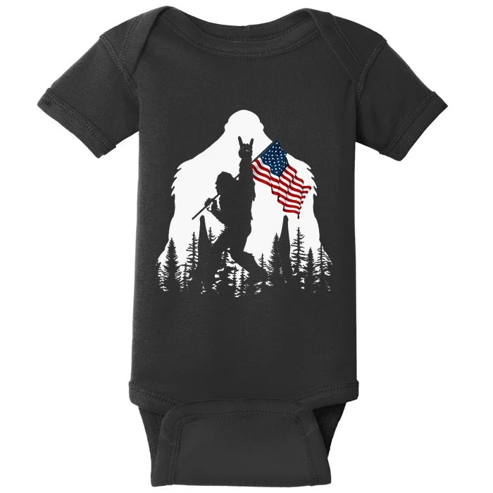 Bigfoot Rock On Hold American Flag Sasquatch Believers Baby Bodysuit