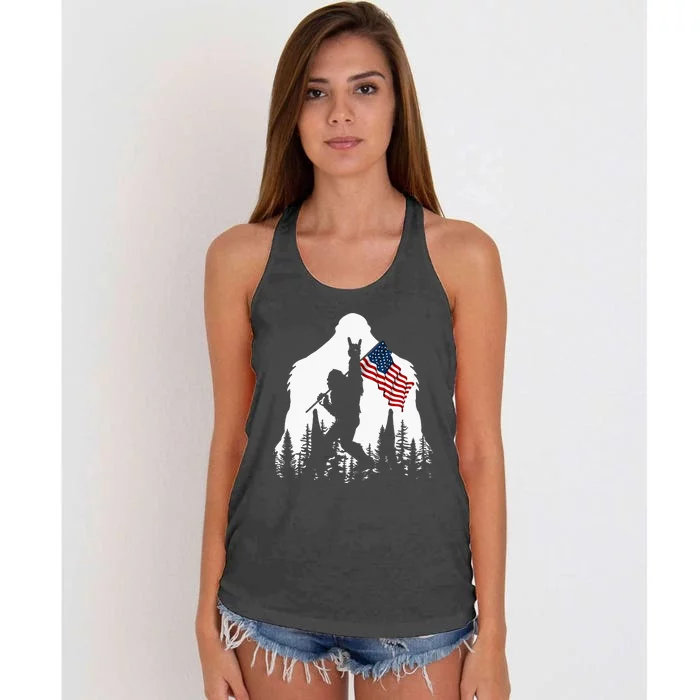 Bigfoot Rock On Hold American Flag Sasquatch Believers Women's Knotted Racerback Tank