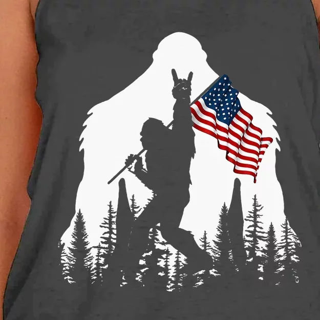 Bigfoot Rock On Hold American Flag Sasquatch Believers Women's Knotted Racerback Tank