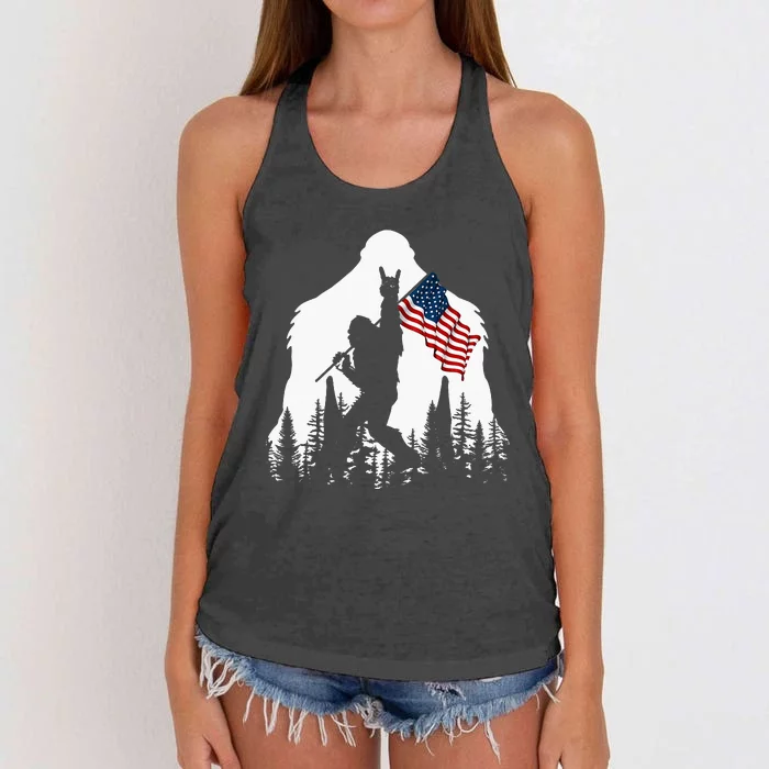 Bigfoot Rock On Hold American Flag Sasquatch Believers Women's Knotted Racerback Tank