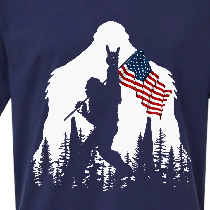 Bigfoot Rock On Hold American Flag Sasquatch Believers Sueded Cloud Jersey T-Shirt