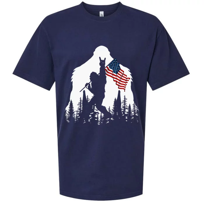 Bigfoot Rock On Hold American Flag Sasquatch Believers Sueded Cloud Jersey T-Shirt