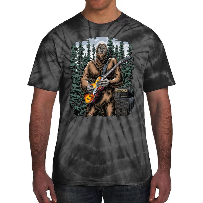 Bigfoot Rockin Out With His Guitar Out Forest Jamming Tie-Dye T-Shirt