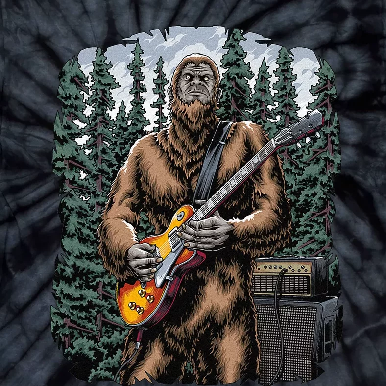 Bigfoot Rockin Out With His Guitar Out Forest Jamming Tie-Dye T-Shirt