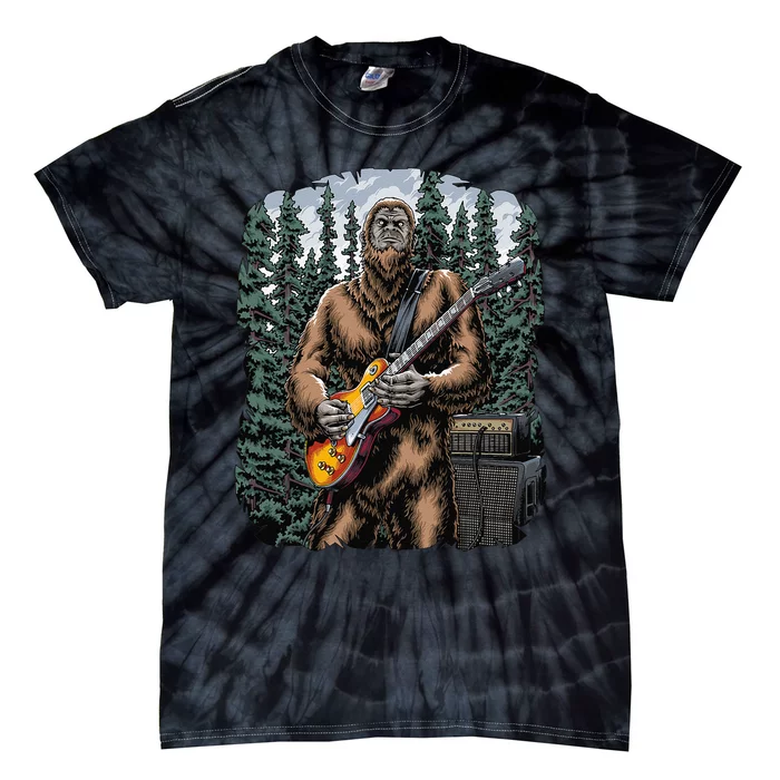 Bigfoot Rockin Out With His Guitar Out Forest Jamming Tie-Dye T-Shirt