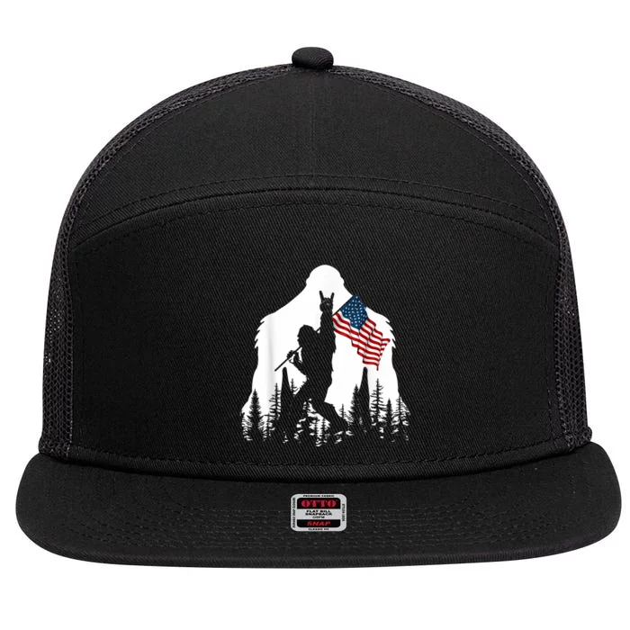 Bigfoot Rock On Hold American Flag Sasquatch Believers 7 Panel Mesh Trucker Snapback Hat