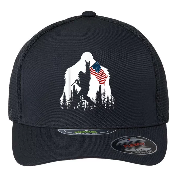 Bigfoot Rock On Hold American Flag Sasquatch Believers Flexfit Unipanel Trucker Cap