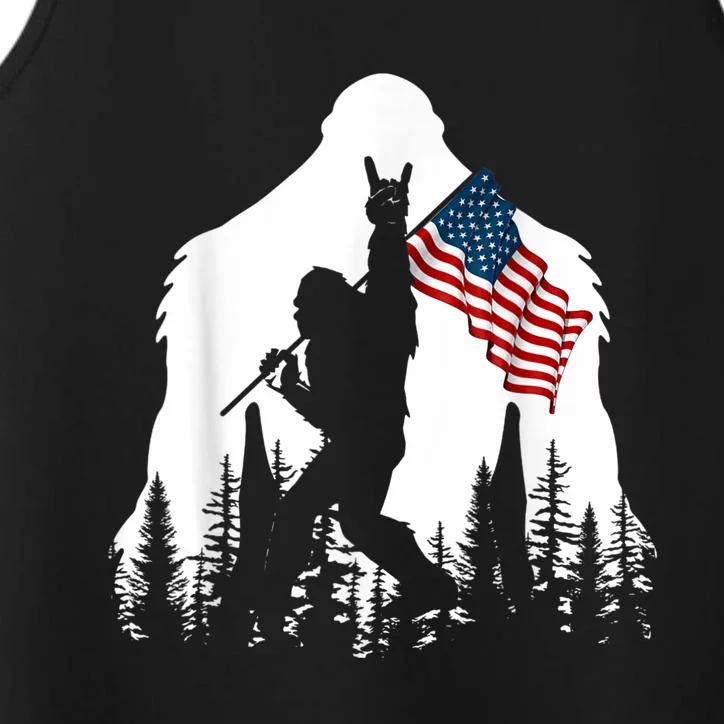 Bigfoot Rock On Hold American Flag Sasquatch Believers Performance Tank