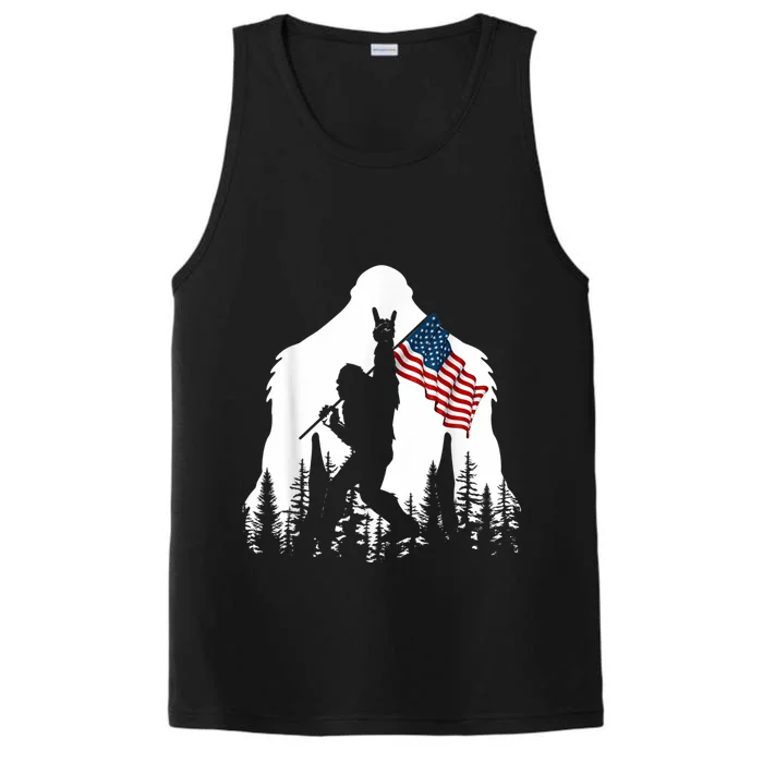 Bigfoot Rock On Hold American Flag Sasquatch Believers Performance Tank