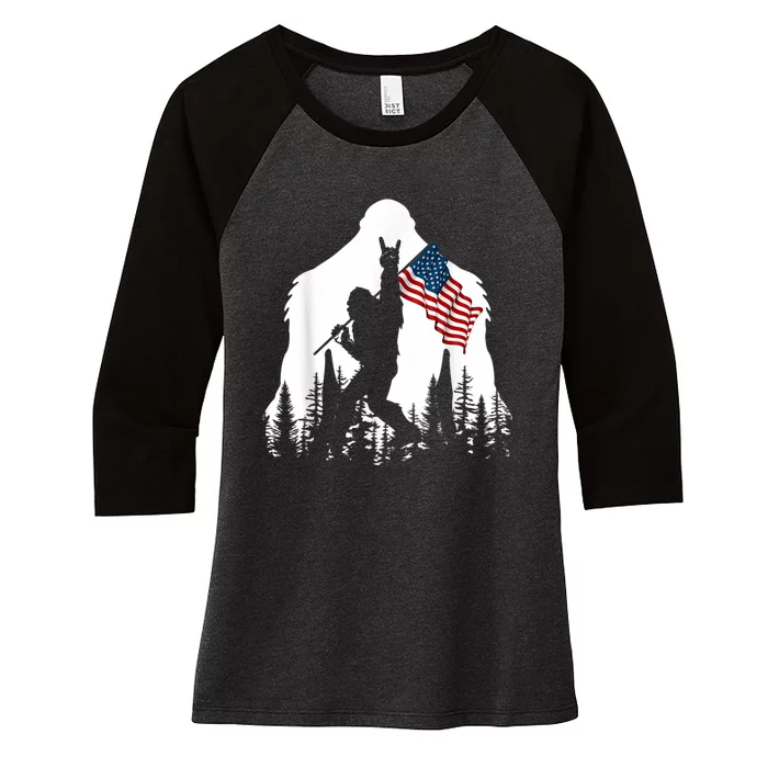 Bigfoot Rock On Hold American Flag Sasquatch Believers Women's Tri-Blend 3/4-Sleeve Raglan Shirt