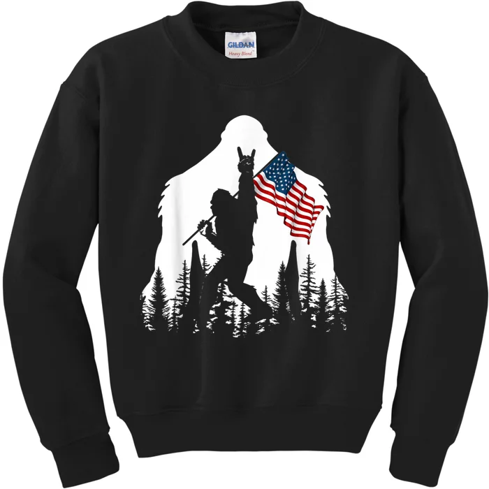 Bigfoot Rock On Hold American Flag Sasquatch Believers Kids Sweatshirt