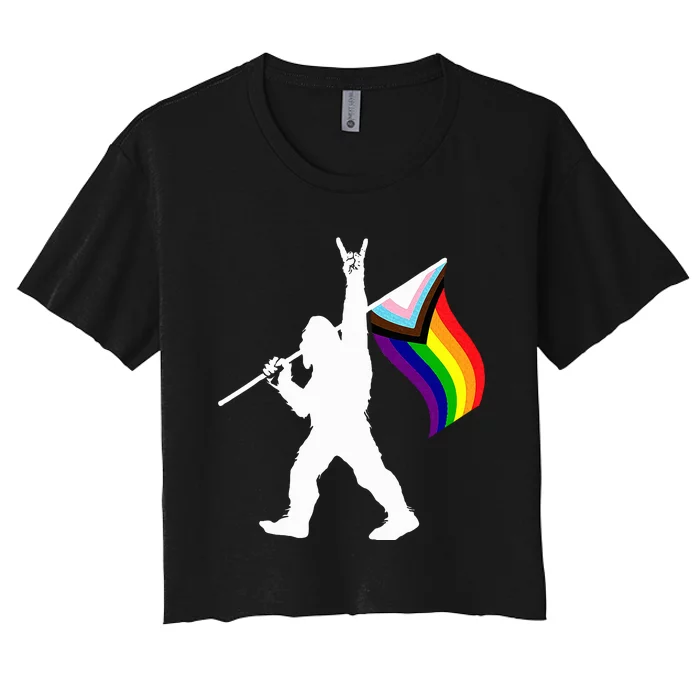 Bigfoot Rock On Lgbtq Progressive New Pride Flag Women's Crop Top Tee