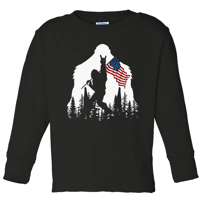 Bigfoot Rock On Hold American Flag Sasquatch Believers Toddler Long Sleeve Shirt