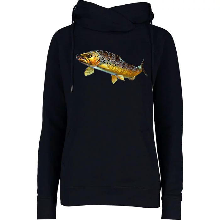 Brown Trout Fish with Fly Womens Funnel Neck Pullover Hood